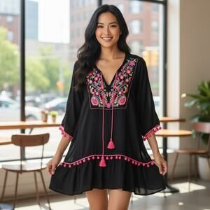 Embroidered Black Tassel Boho Pompoms Detail Mini Dress Womens Hippie Size M